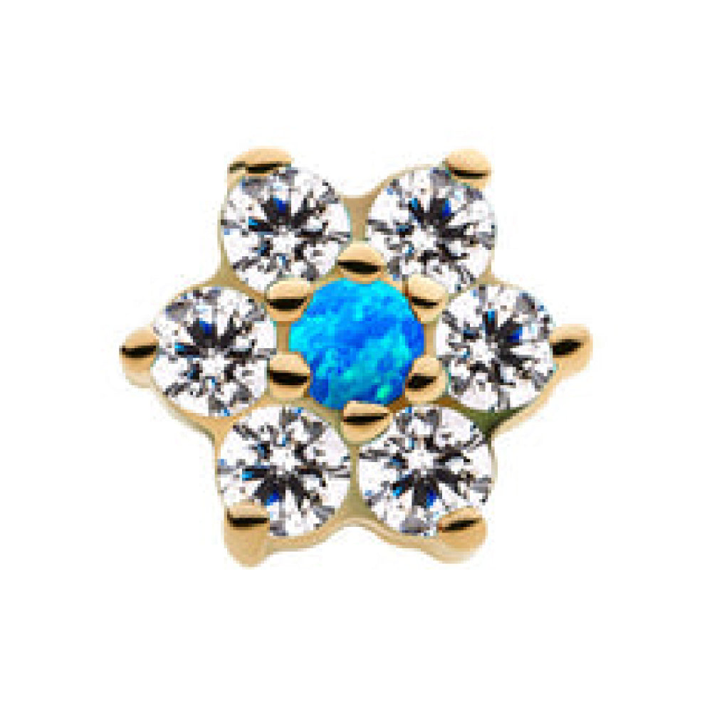 14kt Yellow Gold Threadless Prong Set Clear CZ Centerpiece CZ/Synthetic Opal Flower Top Clear/Blue