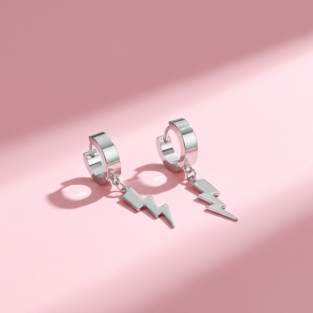 Lightning Bolt Dangle Stainless Steel Hinged Hoop Earrings