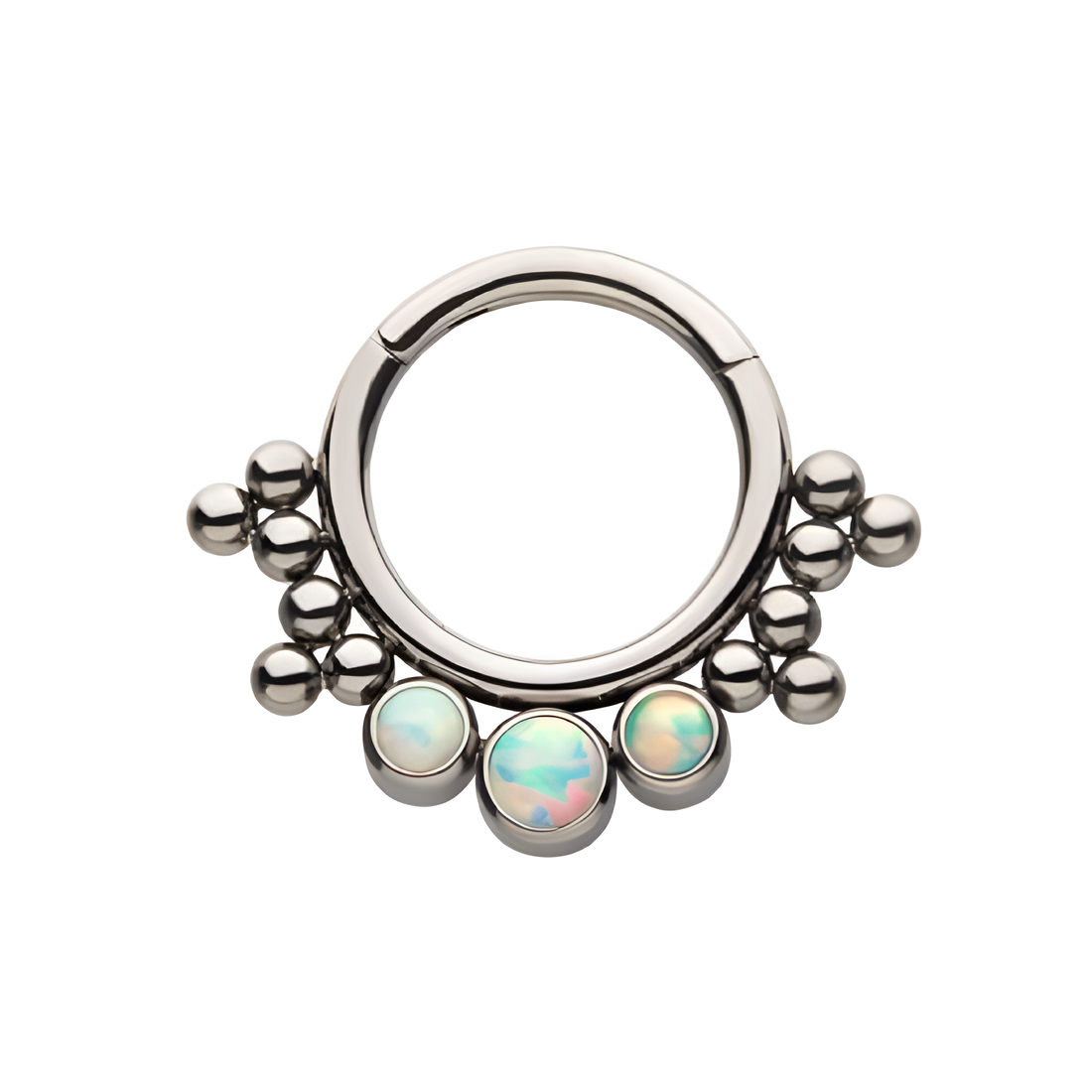 Beaded Titanium Cluster Bezel CZ/Opal Front Facing Hinged Segment Clicker White Opal