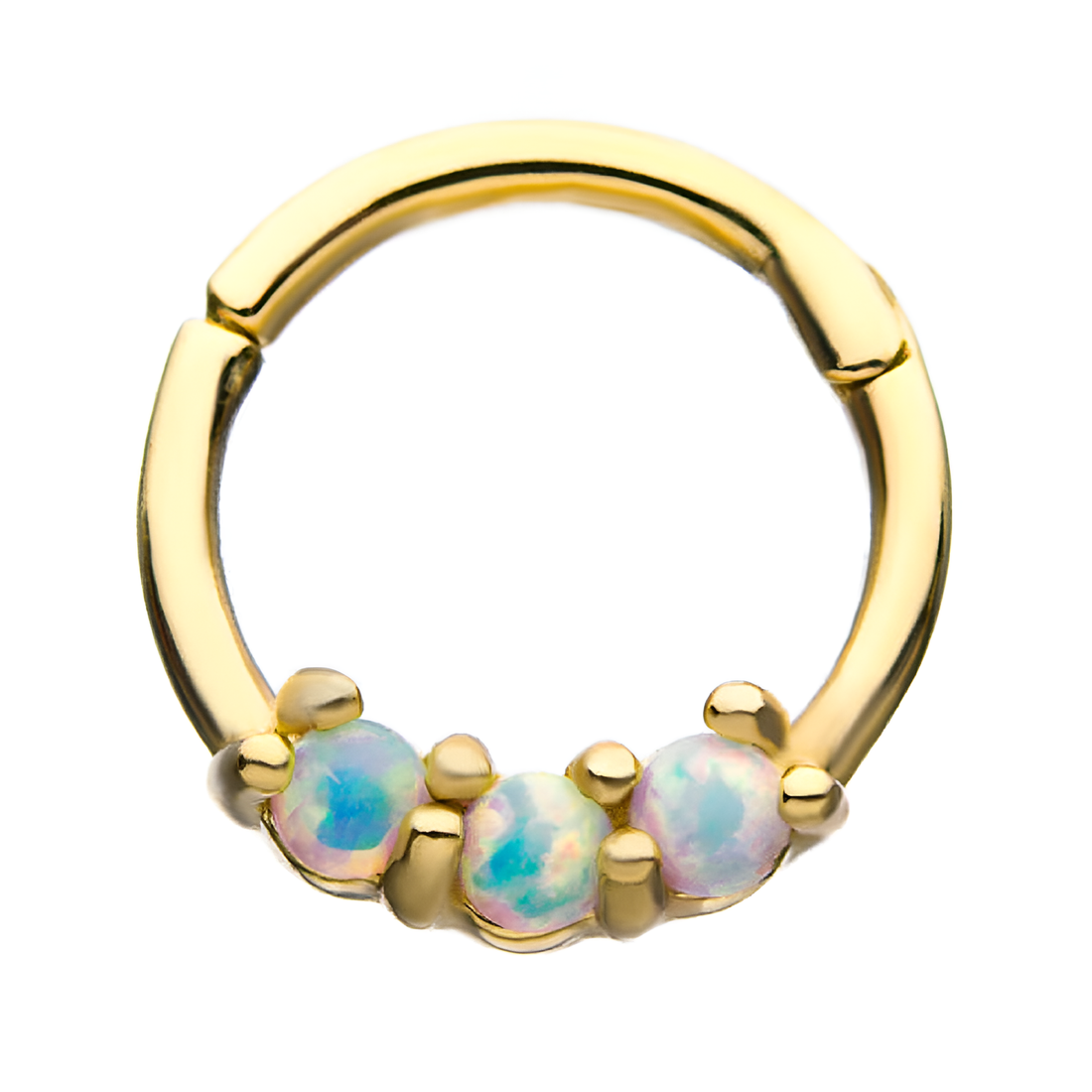 14kt Yellow Gold Prong Clear CZ/White Synthetic Opal Cluster Front Facing Hinged Segment Clicker Clear