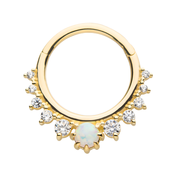 14kt Yellow Gold Prong Clear CZ & White Synthetic Opal Front Facing Hinged Segment Clicker