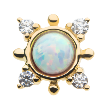 14kt Yellow Gold Threadless White Synthetic Opal, Beads & Round Clear CZ 4-Point Top