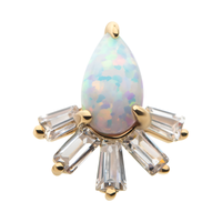 14Kt Yellow Gold Threadless with Prong Set Teardrop White Synthetic Opal & Tapered Baguette Clear CZ Cluster Top