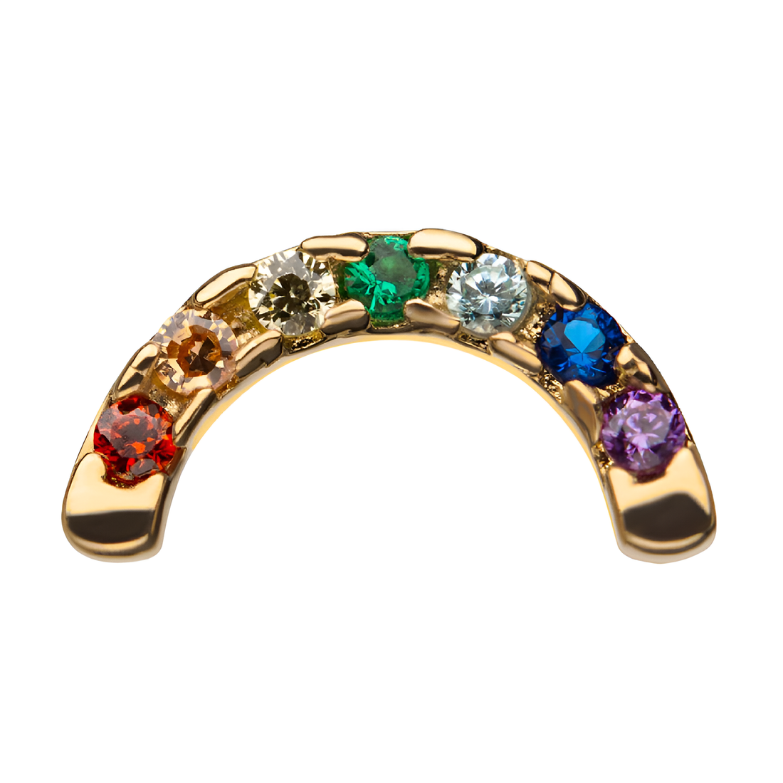 14kt Yellow Gold Threadless Prong Set Rainbow CZ 7-Cluster Arch Top