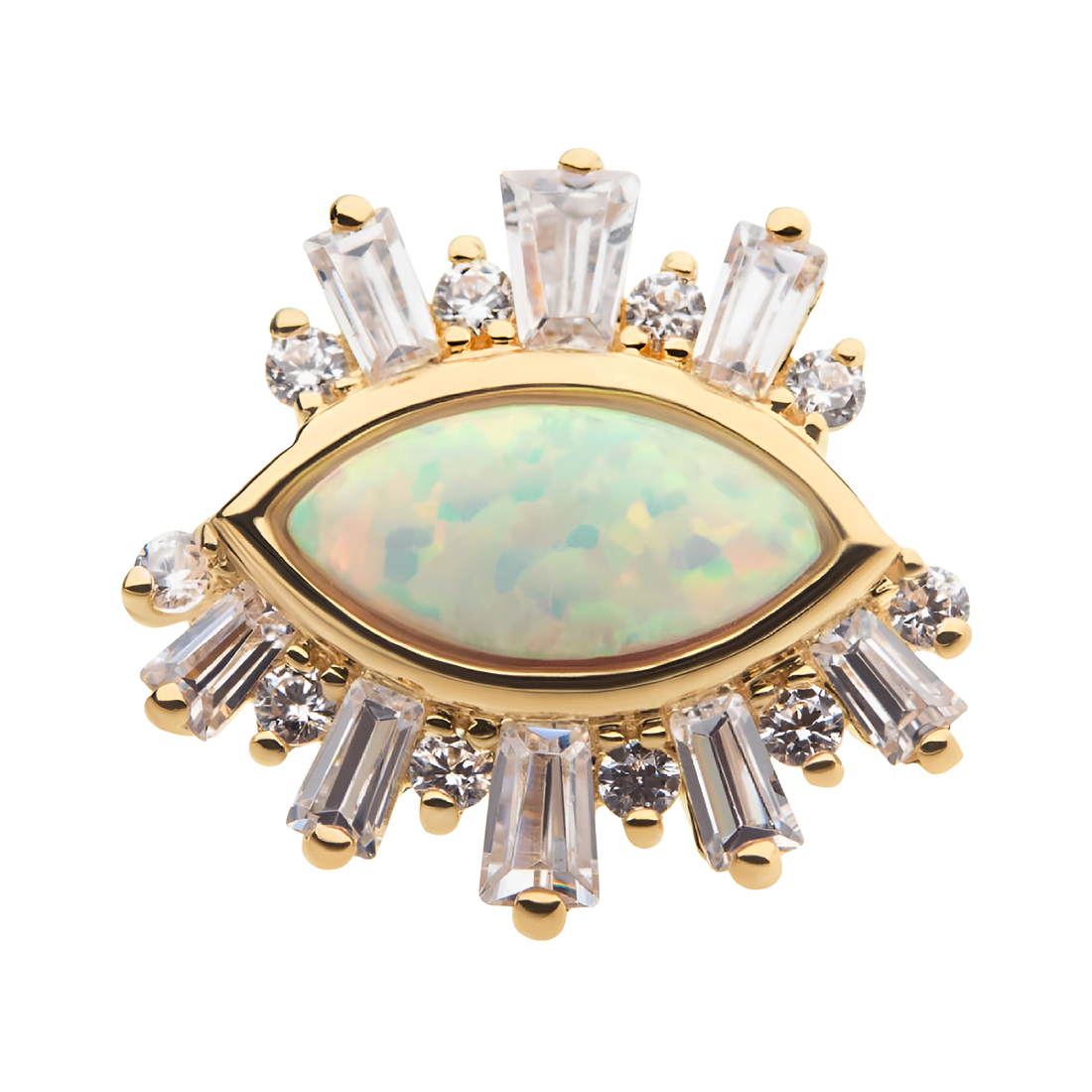 14kt Yellow Gold Threadless Marquise White Synthetic Opal, Round & Tapered Baguette Clear CZ Evil Eye Cluster Top