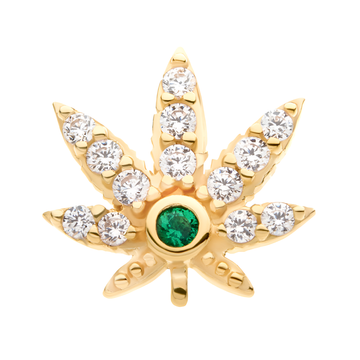 14kt Yellow Gold Threadless Clear & Emerald CZ Pot Leaf Top