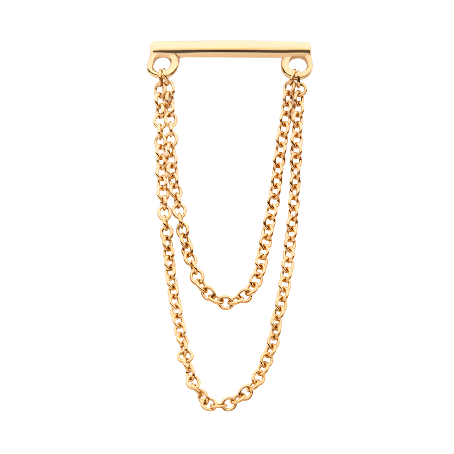 14kt Yellow Gold Threadless Bar Top with 2 Dangling Chains