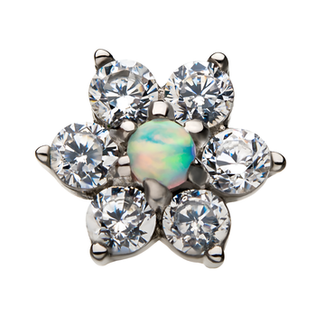 14kt White Gold Threadless 6-Clear CZs and White Synthetic Opal Top