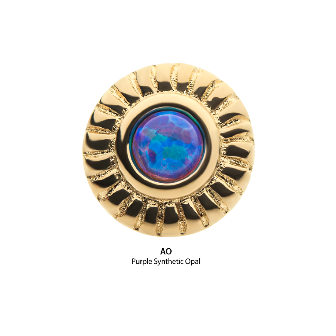 14kt Yellow Gold Threadless Bezel Set Synthetic Opal Fine Line Scalloped Edge Top Purple