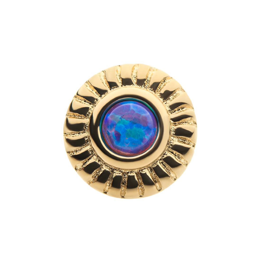 14kt Yellow Gold Threadless Bezel Set Synthetic Opal Fine Line Scalloped Edge Top Purple