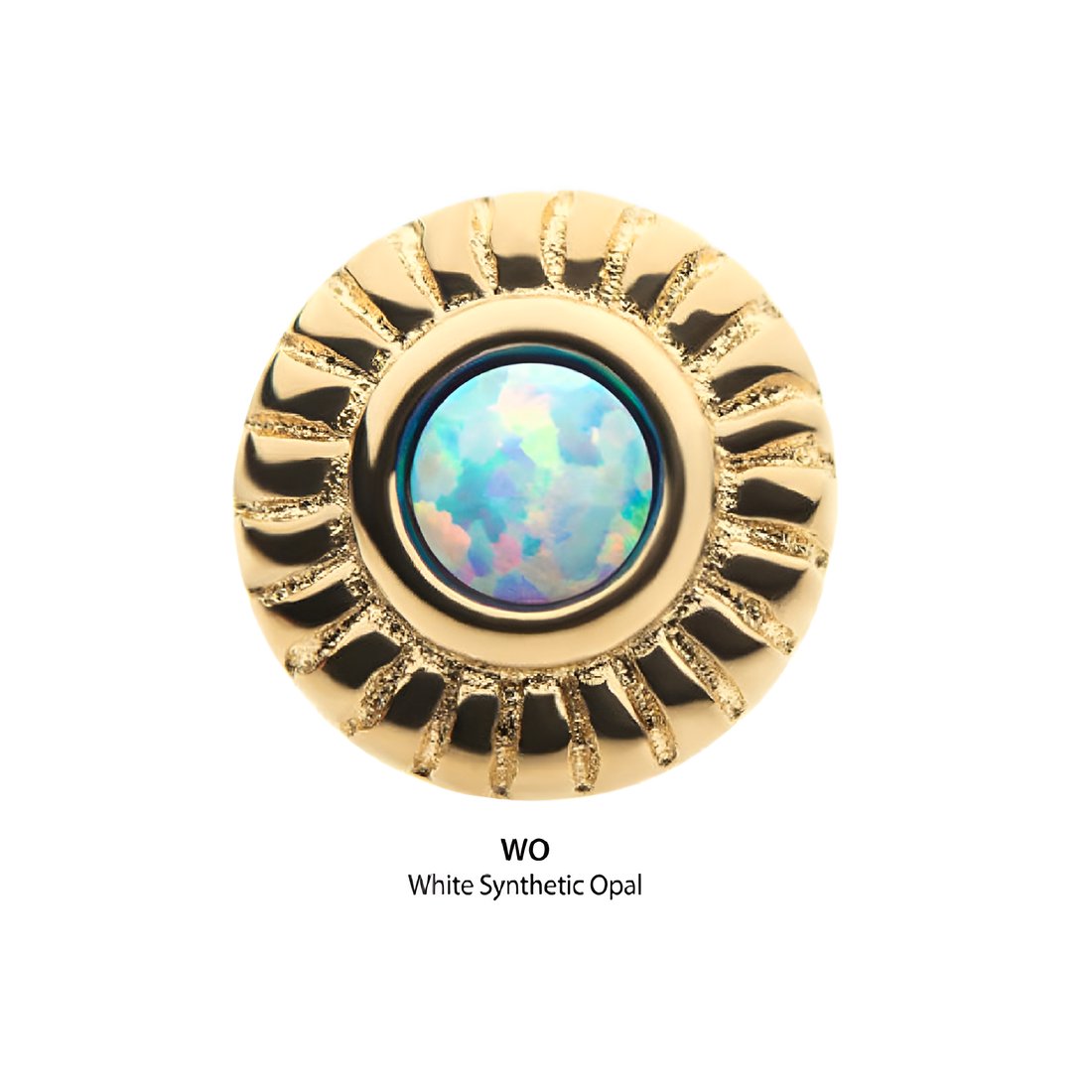 14kt Yellow Gold Threadless Bezel Set Synthetic Opal Fine Line Scalloped Edge Top White