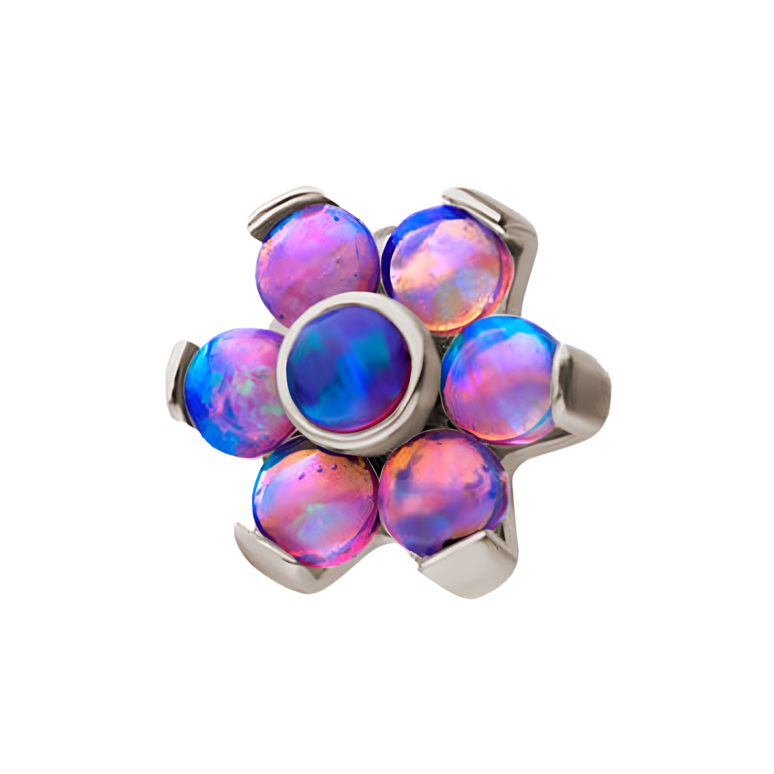 Titanium Threadless Prong Multicolor 7 Rainbow Opal Flower Top Purple