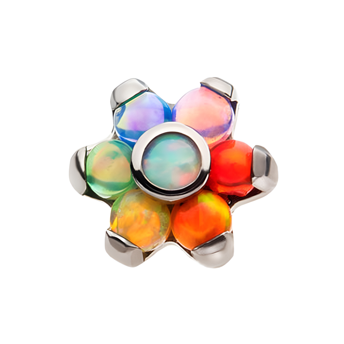 Titanium Threadless Prong Multicolor 7 Rainbow Opal Flower Top Rainbow