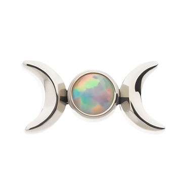 Titanium Threadless Triple Goddess Moon with CZ/Opal Top White Opal