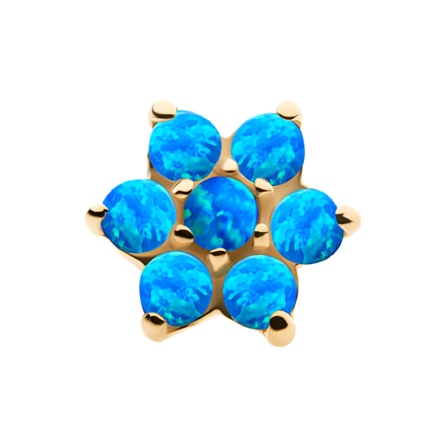 14kt Yellow Gold Threadless Prong Set Synthetic Opal Flower Top Blue