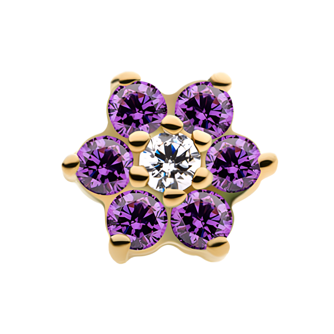 14kt Yellow Gold Threadless Prong Set CZ and Centerpiece Clear CZ Flower Top Amethyst/Clear