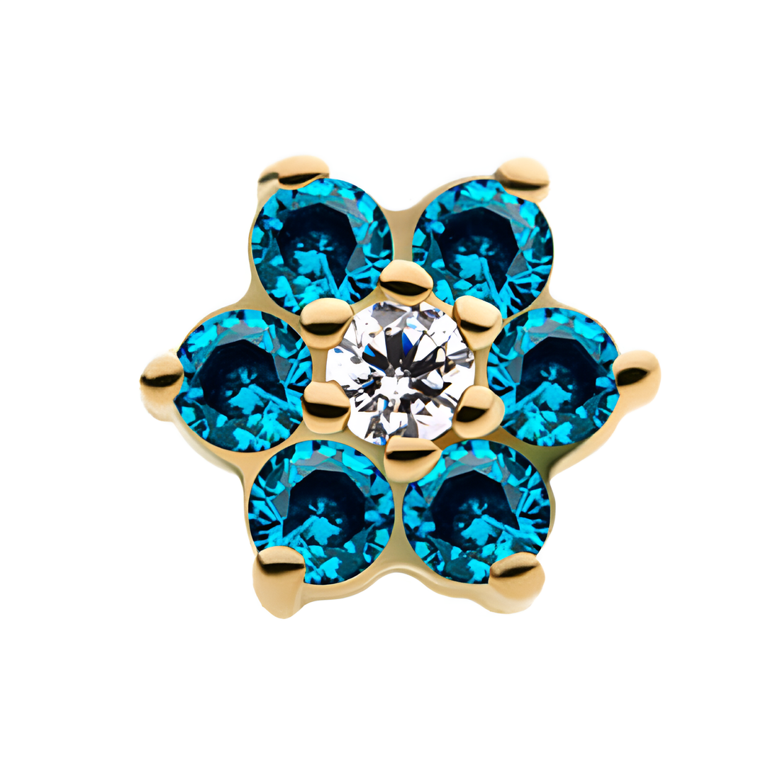 14kt Yellow Gold Threadless Prong Set CZ and Centerpiece Clear CZ Flower Top Blue Topaz/Clear