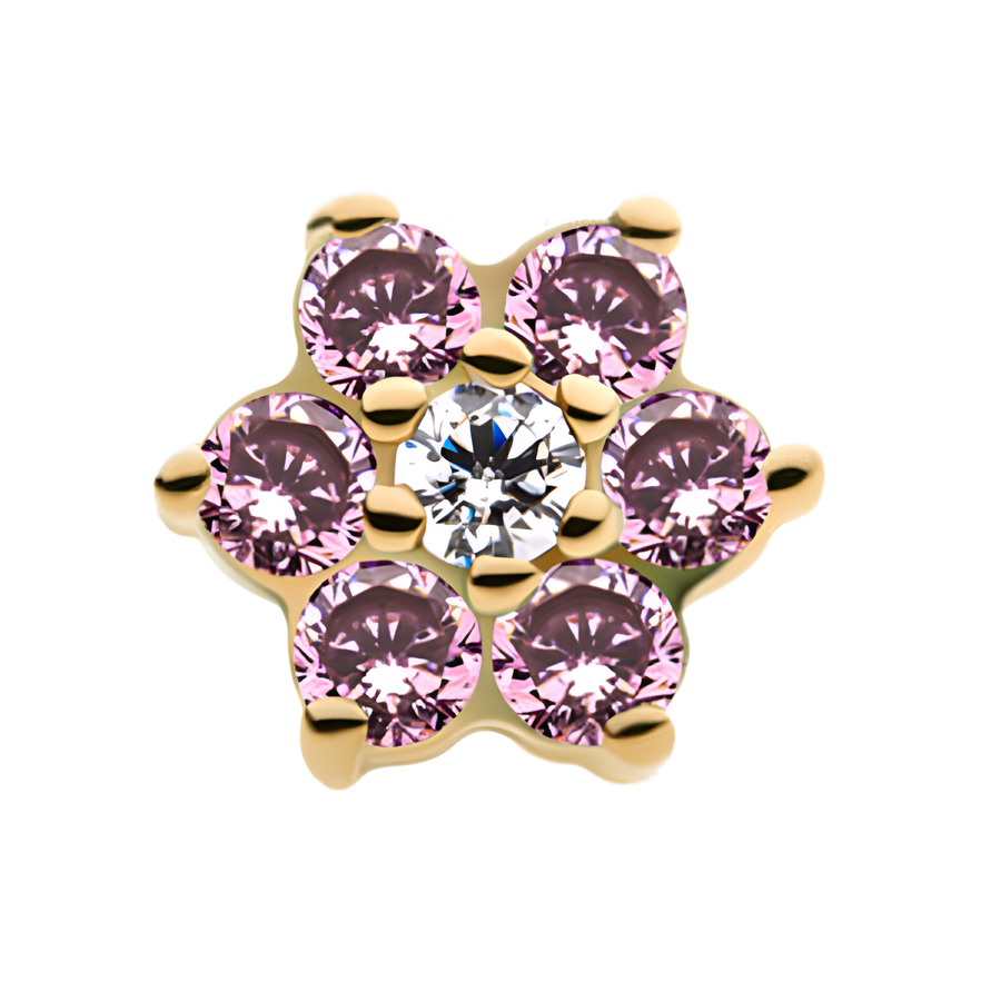 14kt Yellow Gold Threadless Prong Set CZ and Centerpiece Clear CZ Flower Top Pink/Clear