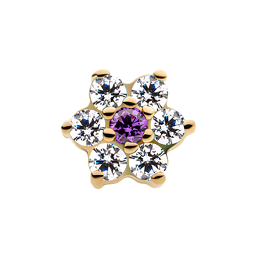 14kt Yellow Gold Threadless Prong Set Clear CZ Centerpiece CZ/Synthetic Opal Flower Top  Clear/Amethyst