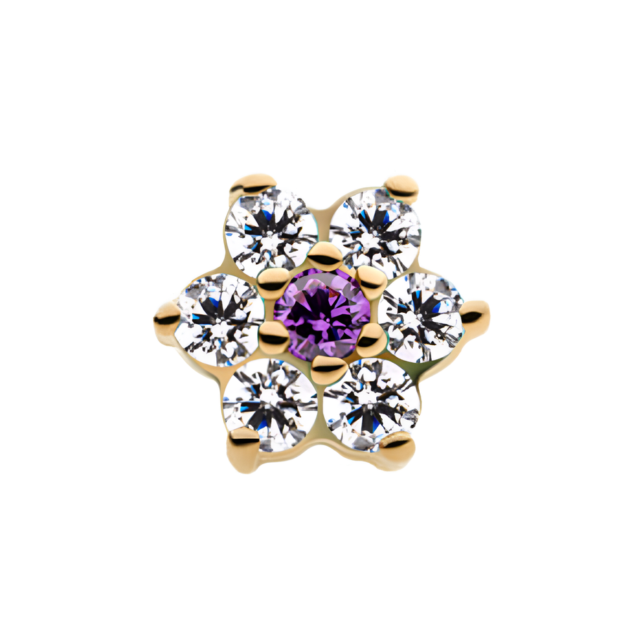 14kt Yellow Gold Threadless Prong Set Clear CZ Centerpiece CZ/Synthetic Opal Flower Top  Clear/Amethyst