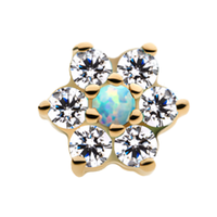 14kt Yellow Gold Threadless Prong Set Clear CZ Centerpiece CZ/Synthetic Opal Flower Top  Clear/White