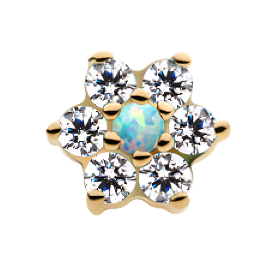 14kt Yellow Gold Threadless Prong Set Clear CZ Centerpiece CZ/Synthetic Opal Flower Top  Clear/White