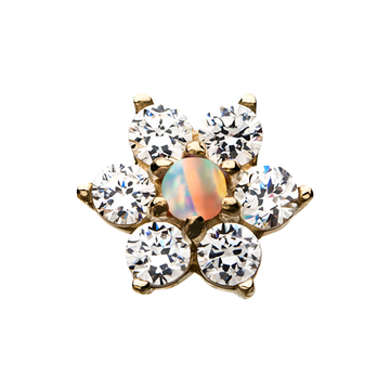 14kt Yellow Gold Threadless 6-CZ Clear Gems and Synthetic Opal Top Yellow Gold|Clear|White Opal