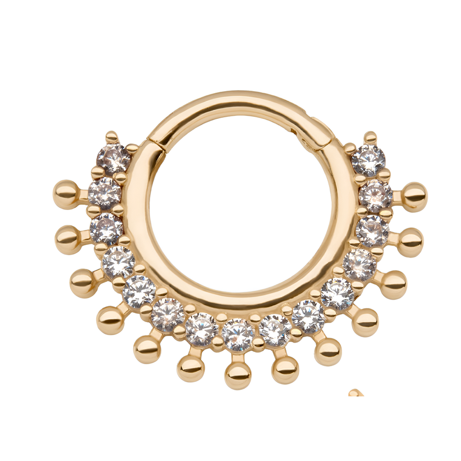 14Kt Yellow Gold with 15-Cluster Prong Set Clear CZ Beaded Edge Front Facing Hinged Segment Clicker