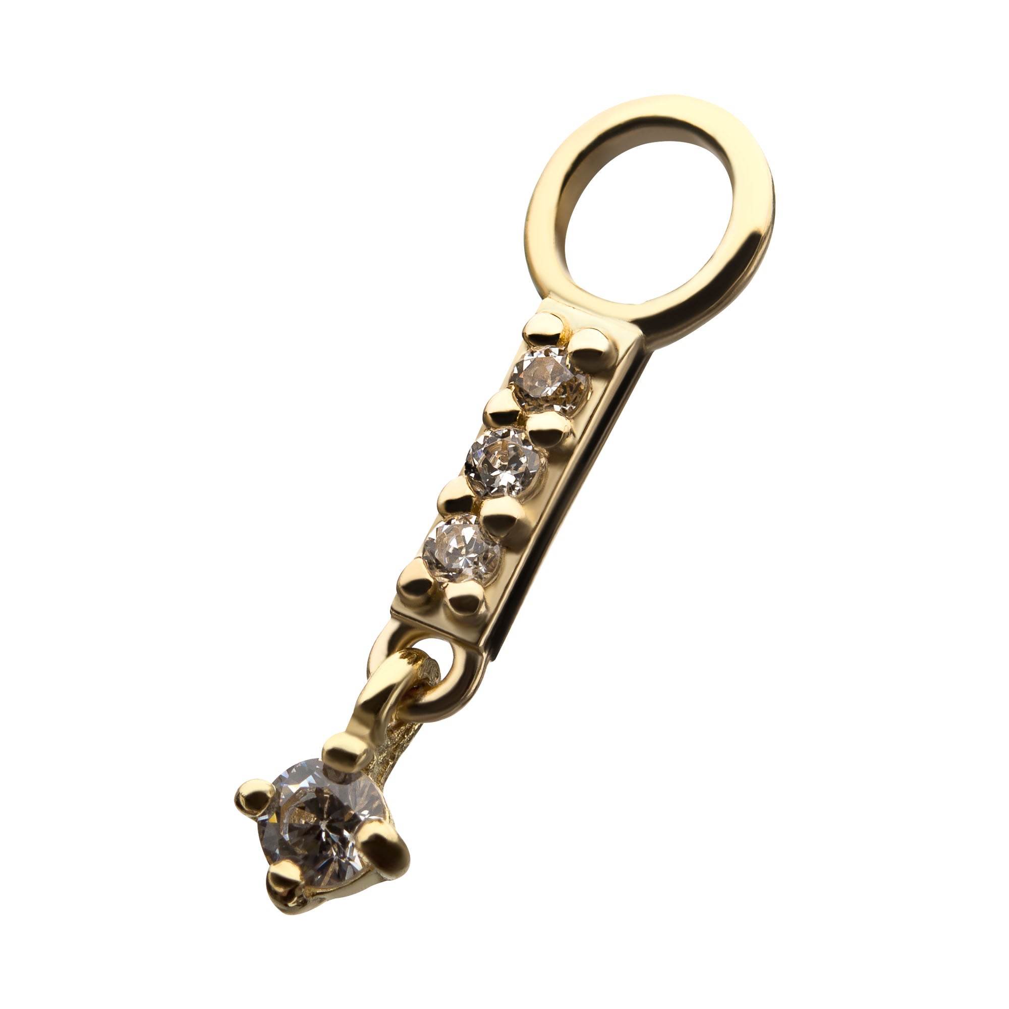 14Kt Yellow Gold Clear CZ Bar with Dangle Prong Set Round Clear CZ Charm