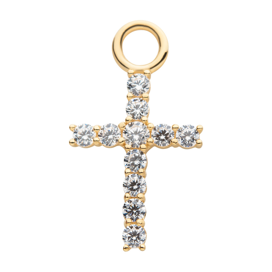 14Kt Yellow Gold Cross with Prong Set Round 11pcs Clear CZ Charm