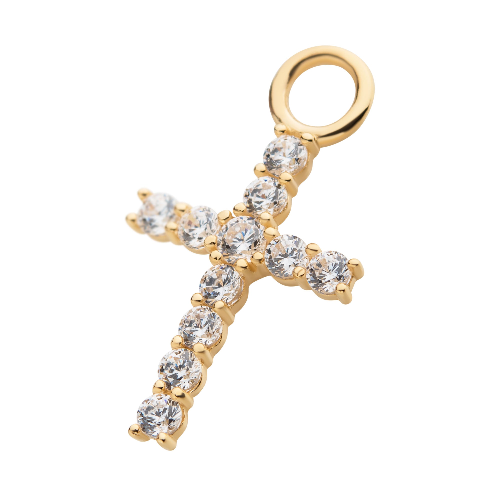 14Kt Yellow Gold Cross with Prong Set Round 11pcs Clear CZ Charm
