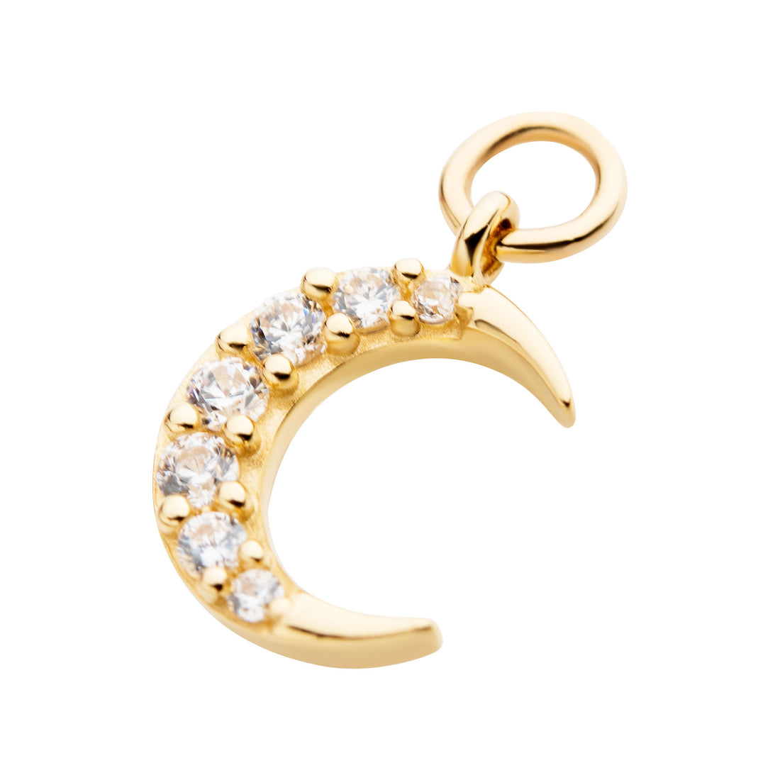 14Kt Yellow Gold Crescent Moon with Prong Set Round 7pcs Clear CZ Dangle Charm