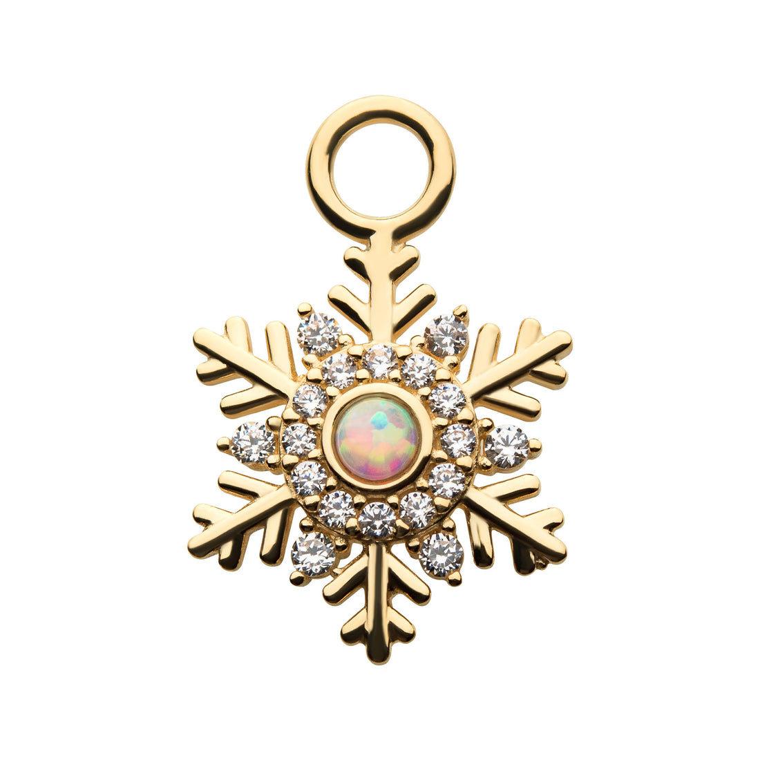 14Kt Yellow Gold Snowflake with Clear CZ & White Synthetic Opal Charm