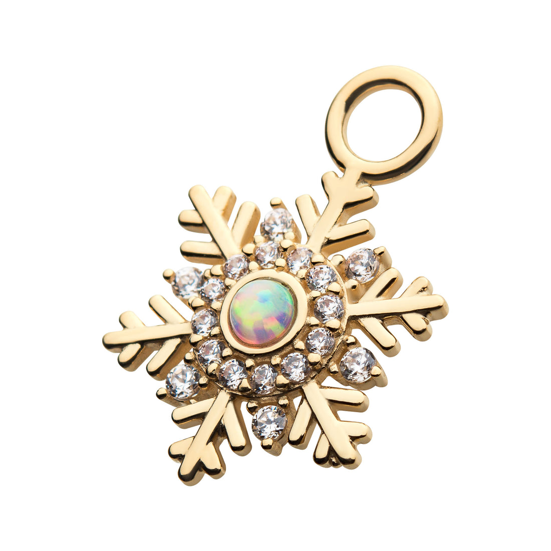 14Kt Yellow Gold Snowflake with Clear CZ & White Synthetic Opal Charm