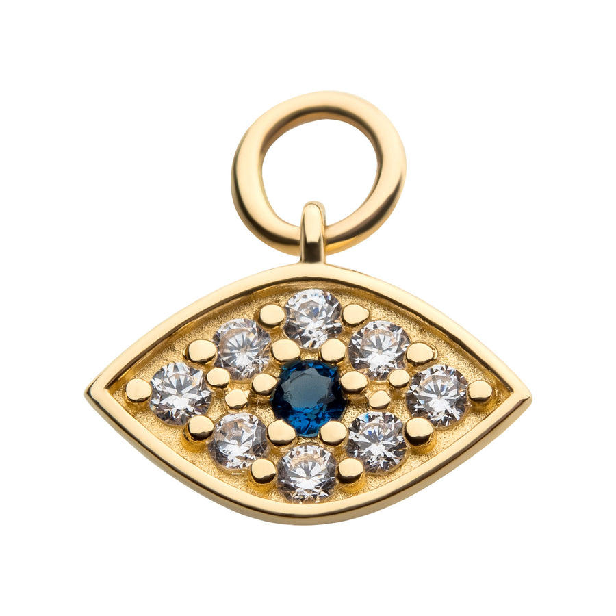 14Kt Yellow Gold Evil Eye with Round Centerpiece Sapphire CZ and 8pcs Clear CZ Dangle Charm