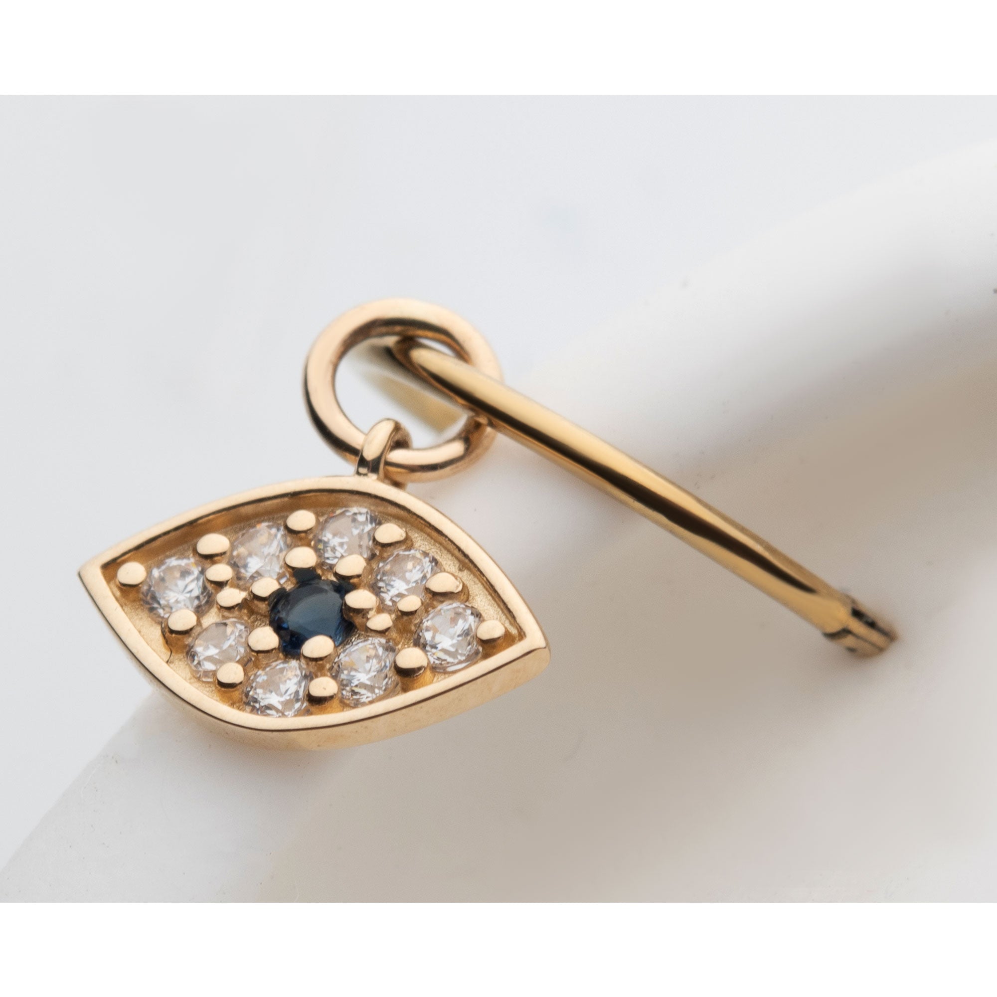 14Kt Yellow Gold Evil Eye with Round Centerpiece Sapphire CZ and 8pcs Clear CZ Dangle Charm