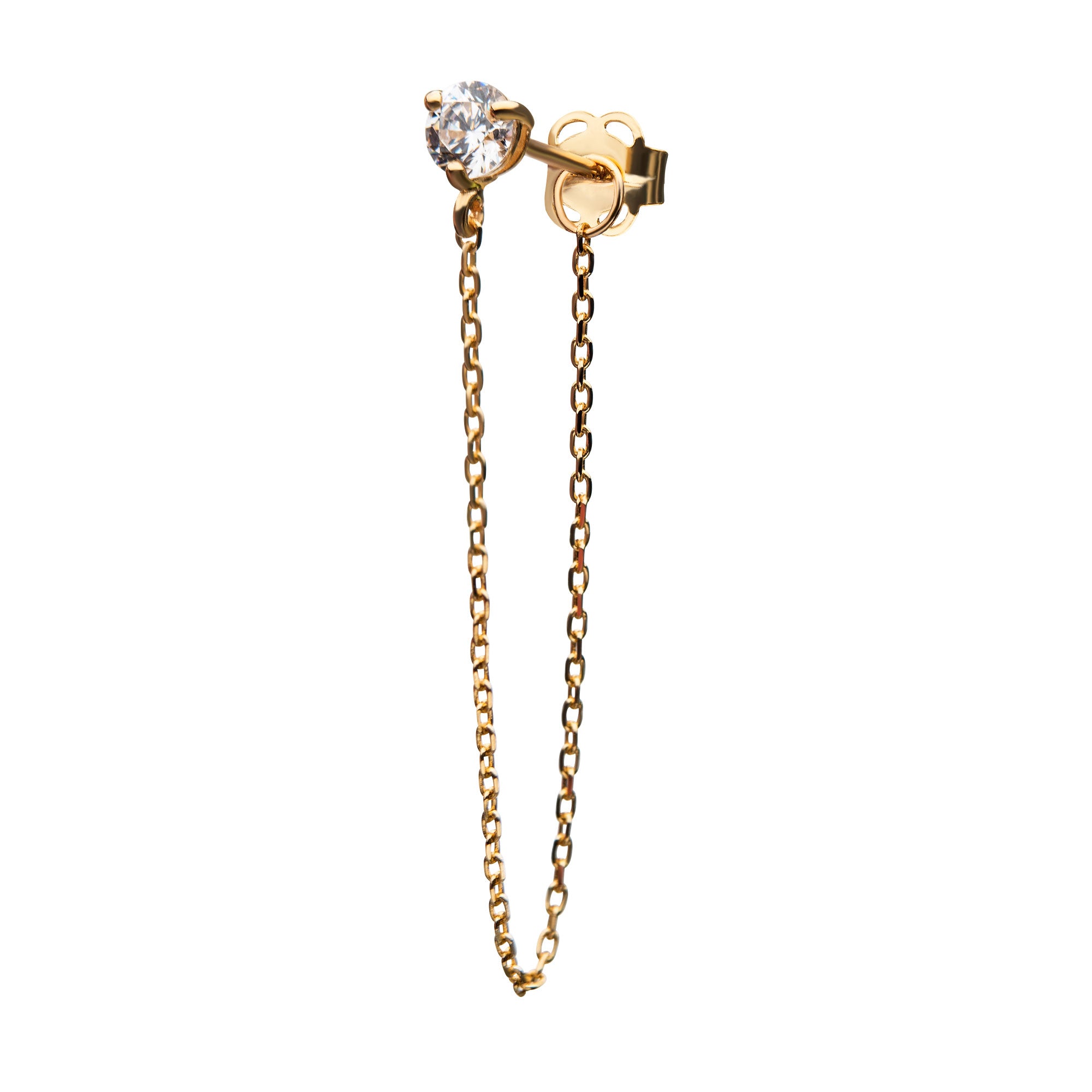 14kt Yellow GoldProng Clear CZ Butterfly Back Chain Stud Earrings