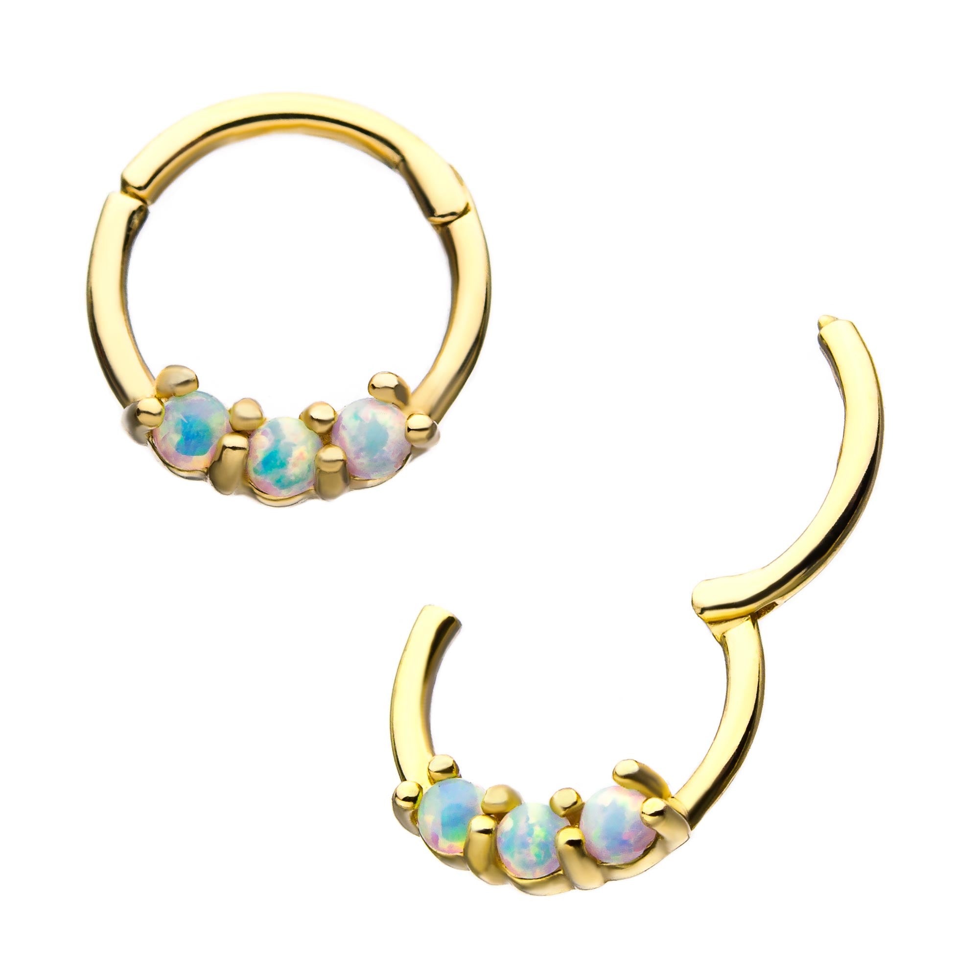 14kt Yellow Gold Prong Clear CZ/White Synthetic Opal Cluster Front Facing Hinged Segment Clicker