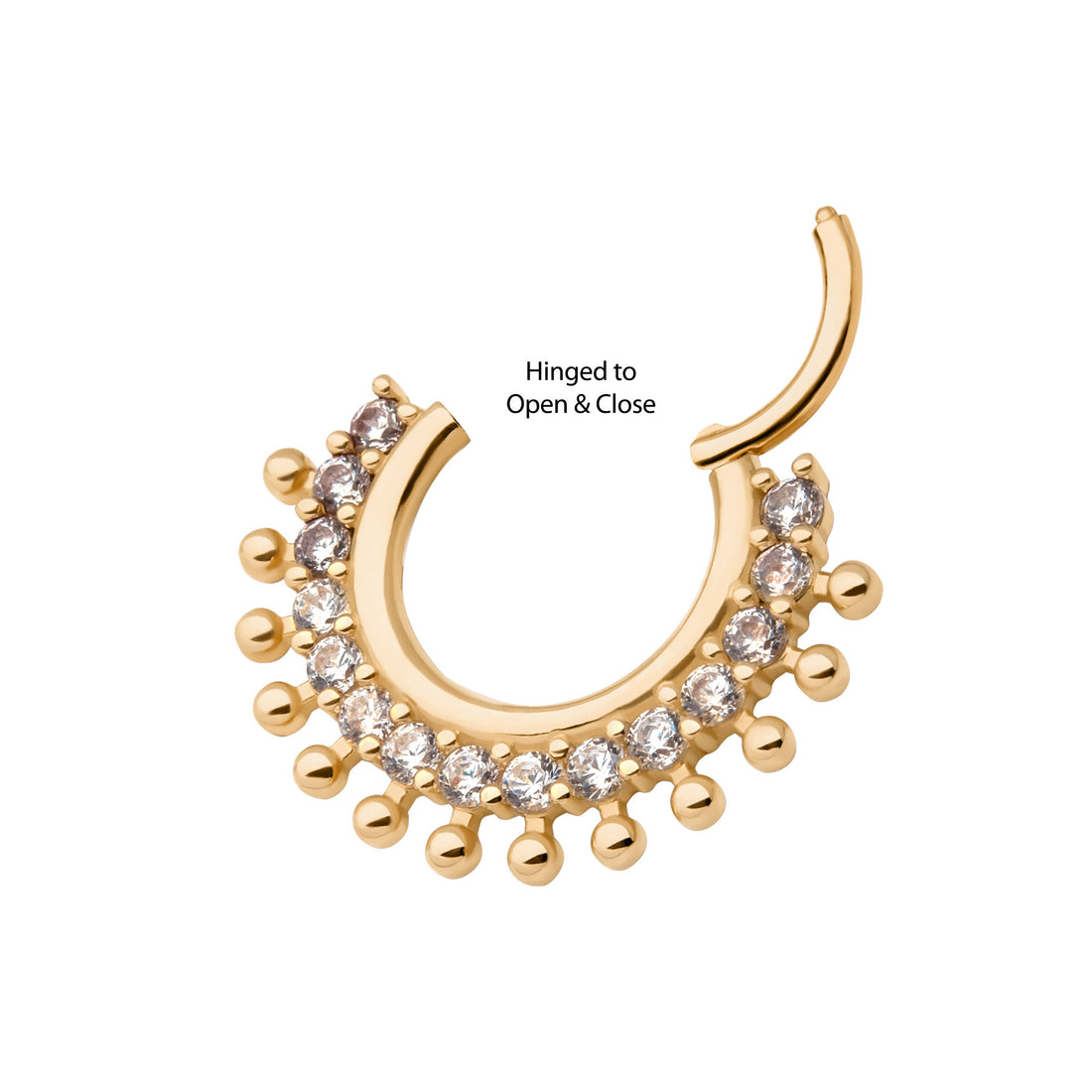 14Kt Yellow Gold with 15-Cluster Prong Set Clear CZ Beaded Edge Front Facing Hinged Segment Clicker