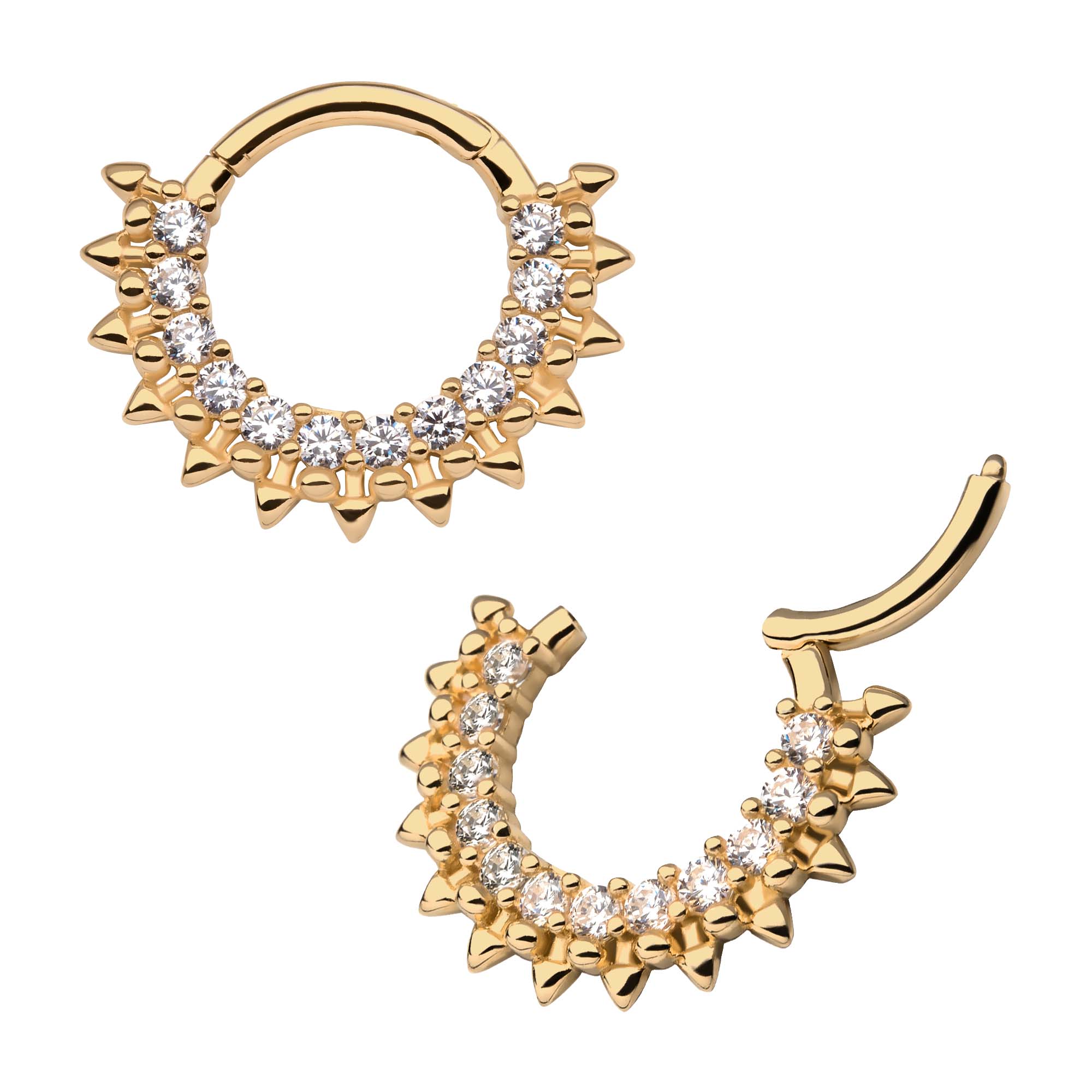 14kt Yellow Gold Cluster Prong Clear CZ Spiked Edge Front Facing Hinged Segment Clicker