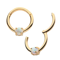 14kt Yellow Gold Prong White Synthetic Opal Front Facing Hinged Segment Clicker