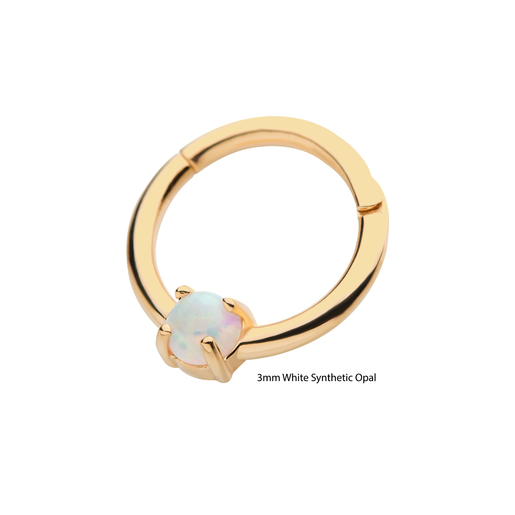 14kt Yellow Gold Prong White Synthetic Opal Front Facing Hinged Segment Clicker