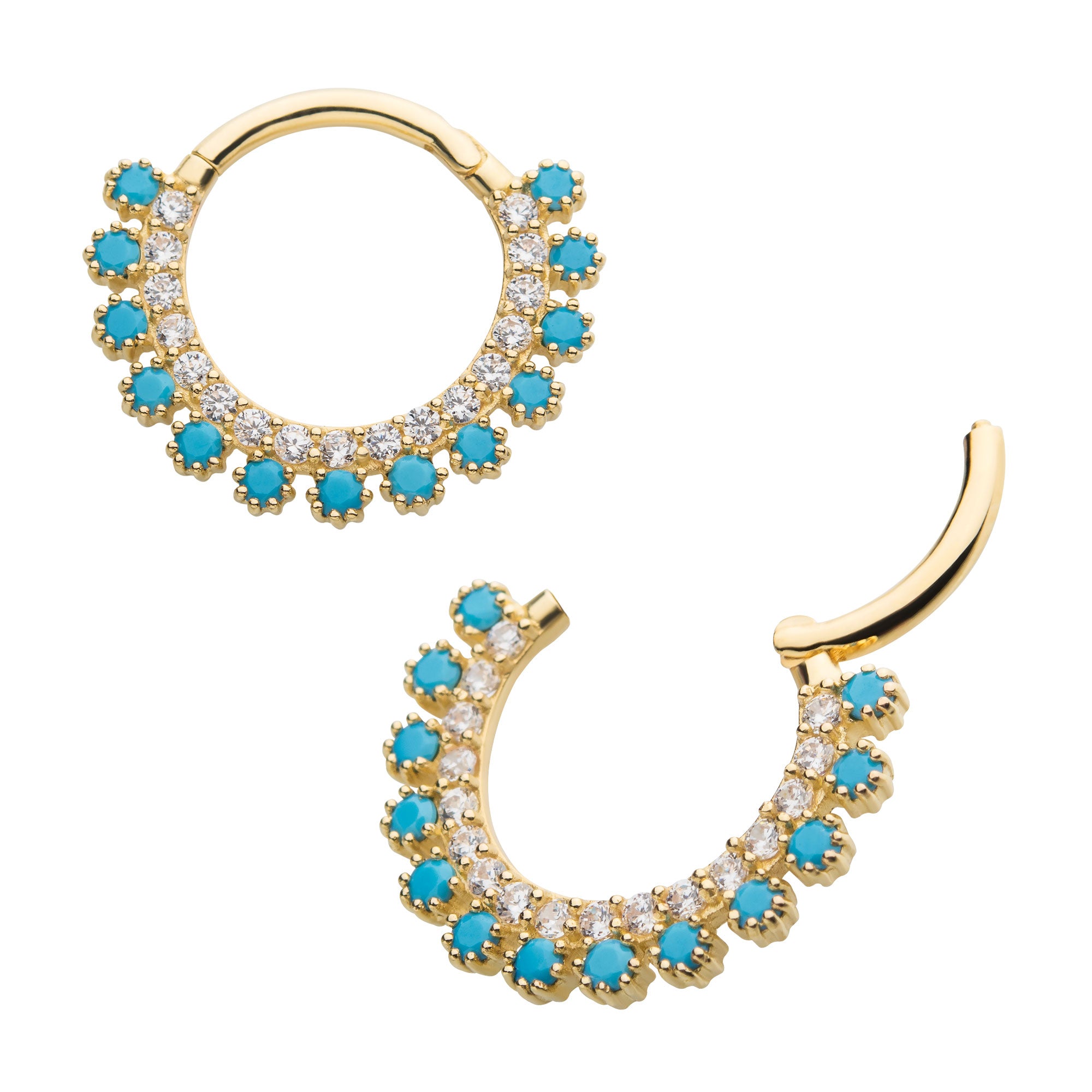 14Kt Yellow Gold with Double Row Prong Set Clear CZ & Synthetic Turquoise Front Facing Hinged Segment Clicker