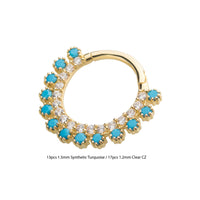 14Kt Yellow Gold with Double Row Prong Set Clear CZ & Synthetic Turquoise Front Facing Hinged Segment Clicker