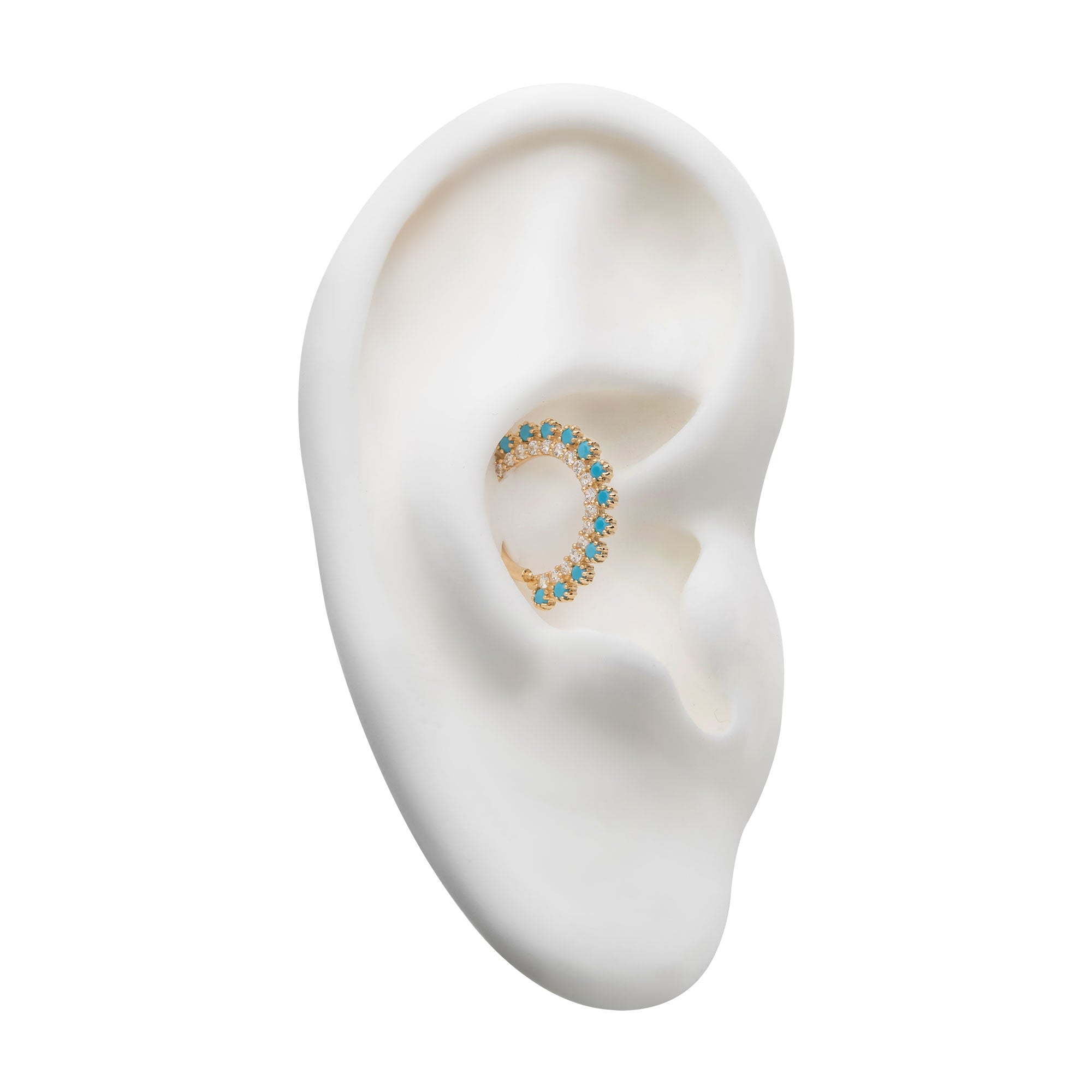 14Kt Yellow Gold with Double Row Prong Set Clear CZ & Synthetic Turquoise Front Facing Hinged Segment Clicker