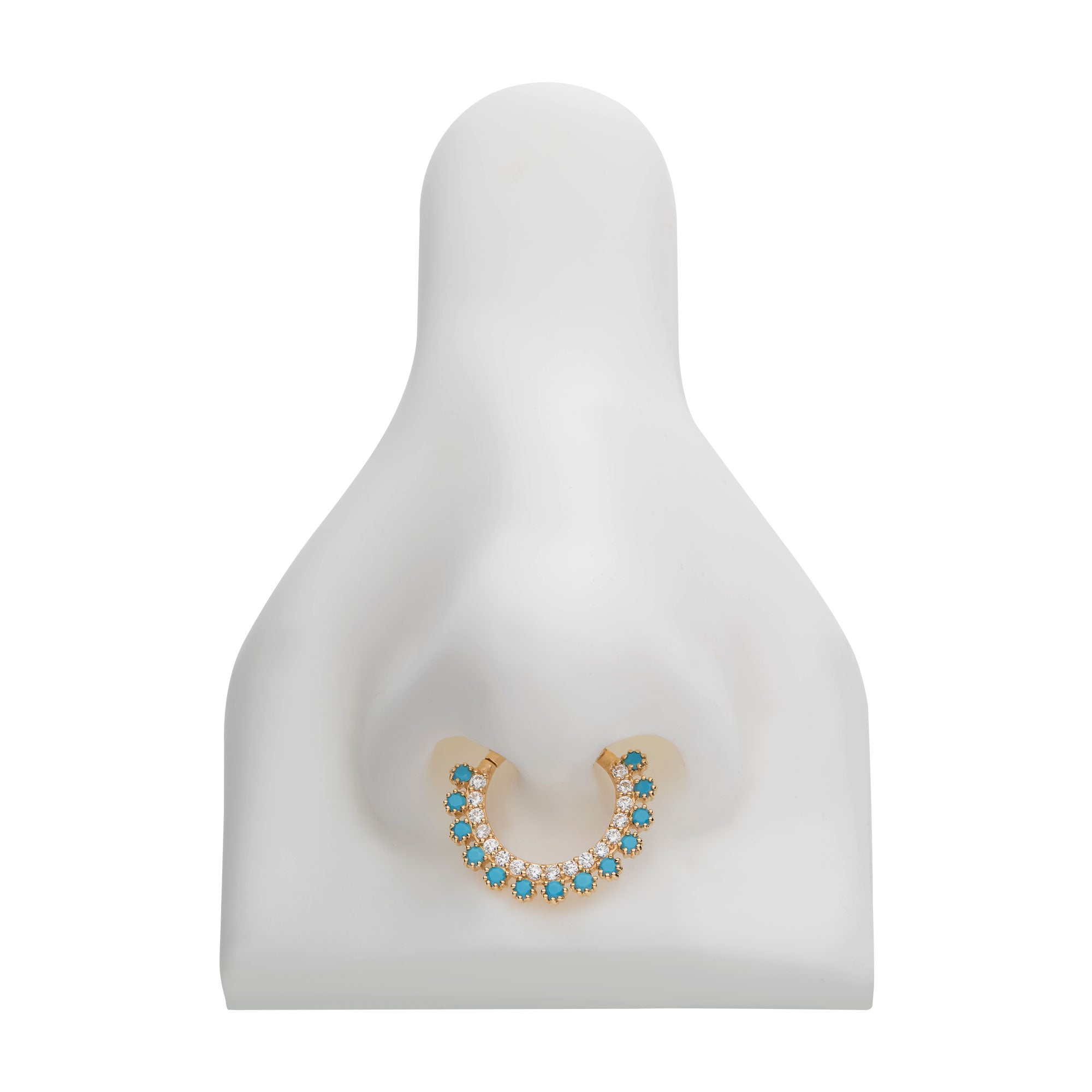 14Kt Yellow Gold with Double Row Prong Set Clear CZ & Synthetic Turquoise Front Facing Hinged Segment Clicker