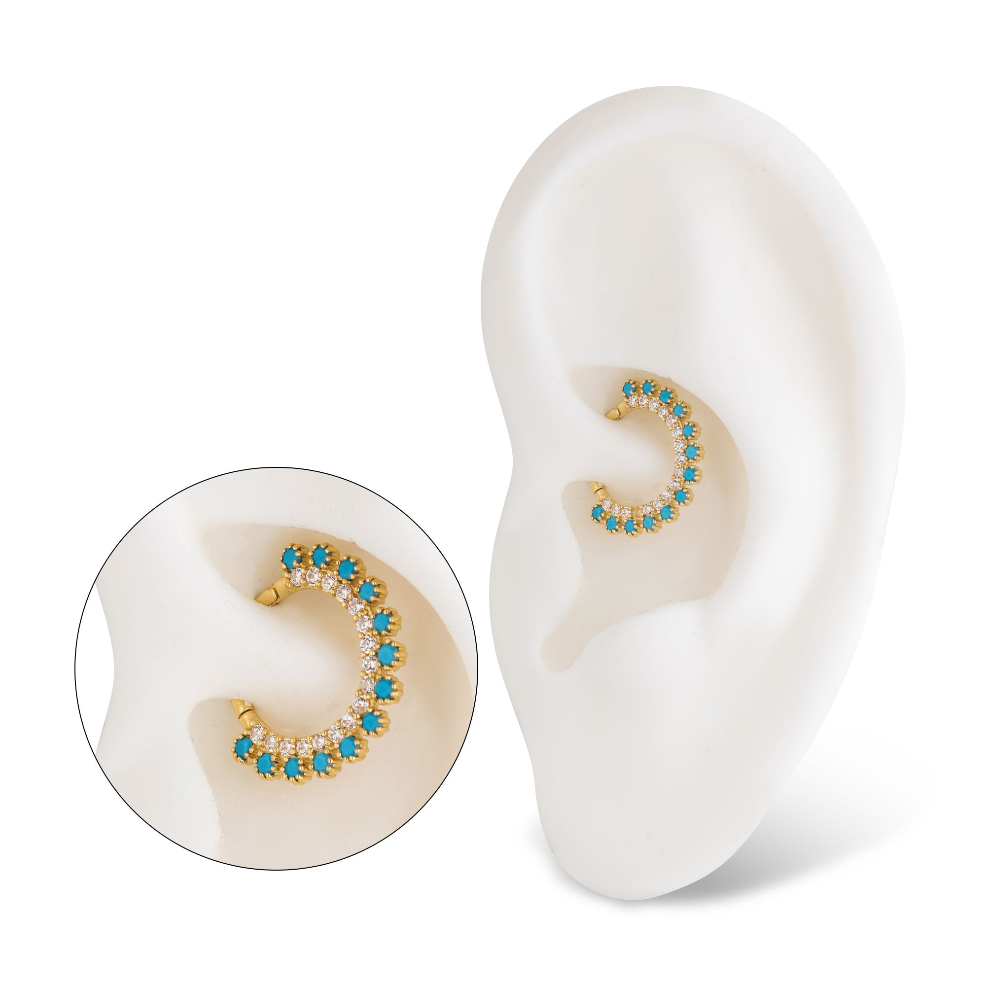 14Kt Yellow Gold with Double Row Prong Set Clear CZ & Synthetic Turquoise Front Facing Hinged Segment Clicker