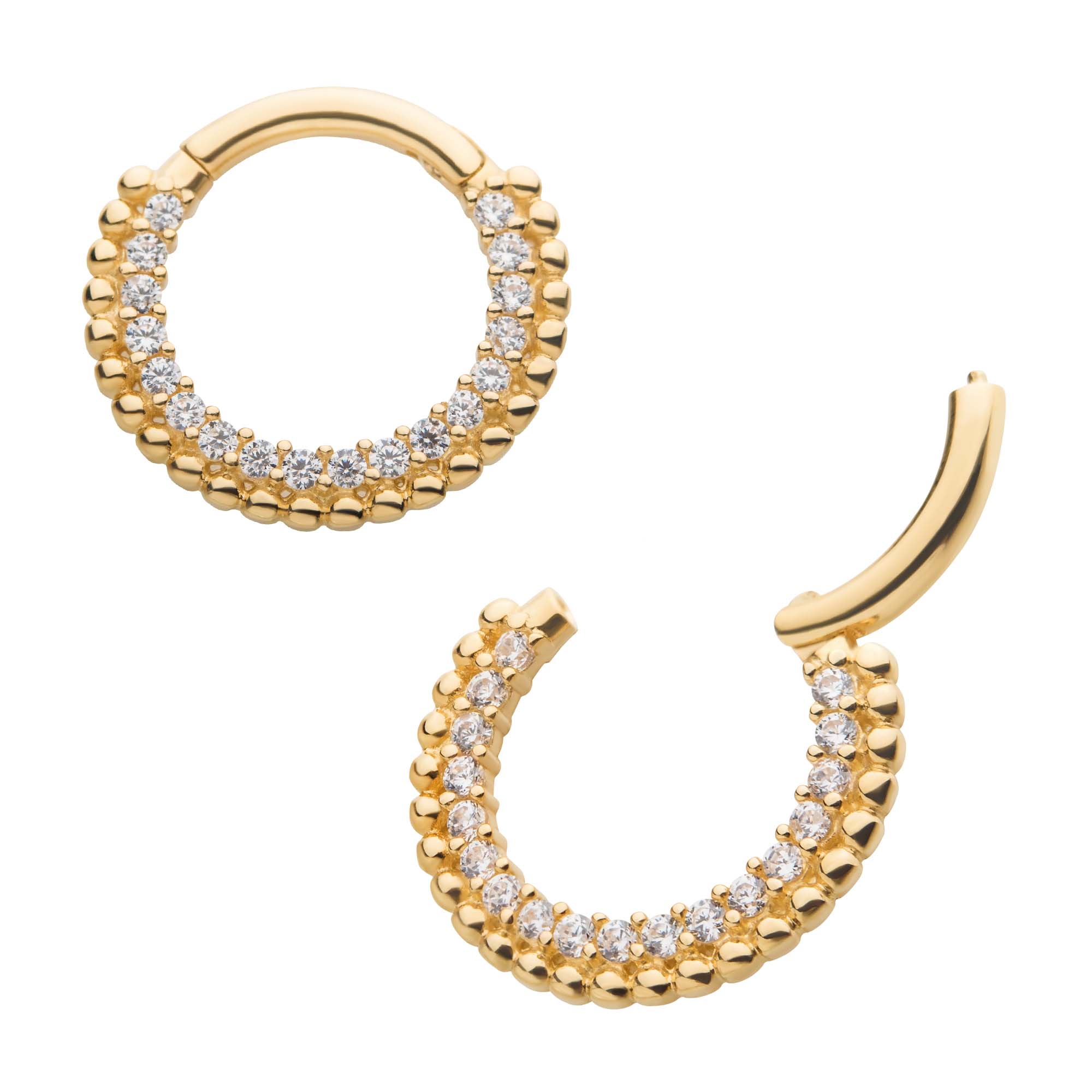 14kt Yellow Gold Prong Clear CZ Beaded Edge Front Facing Hinged Segment Clicker