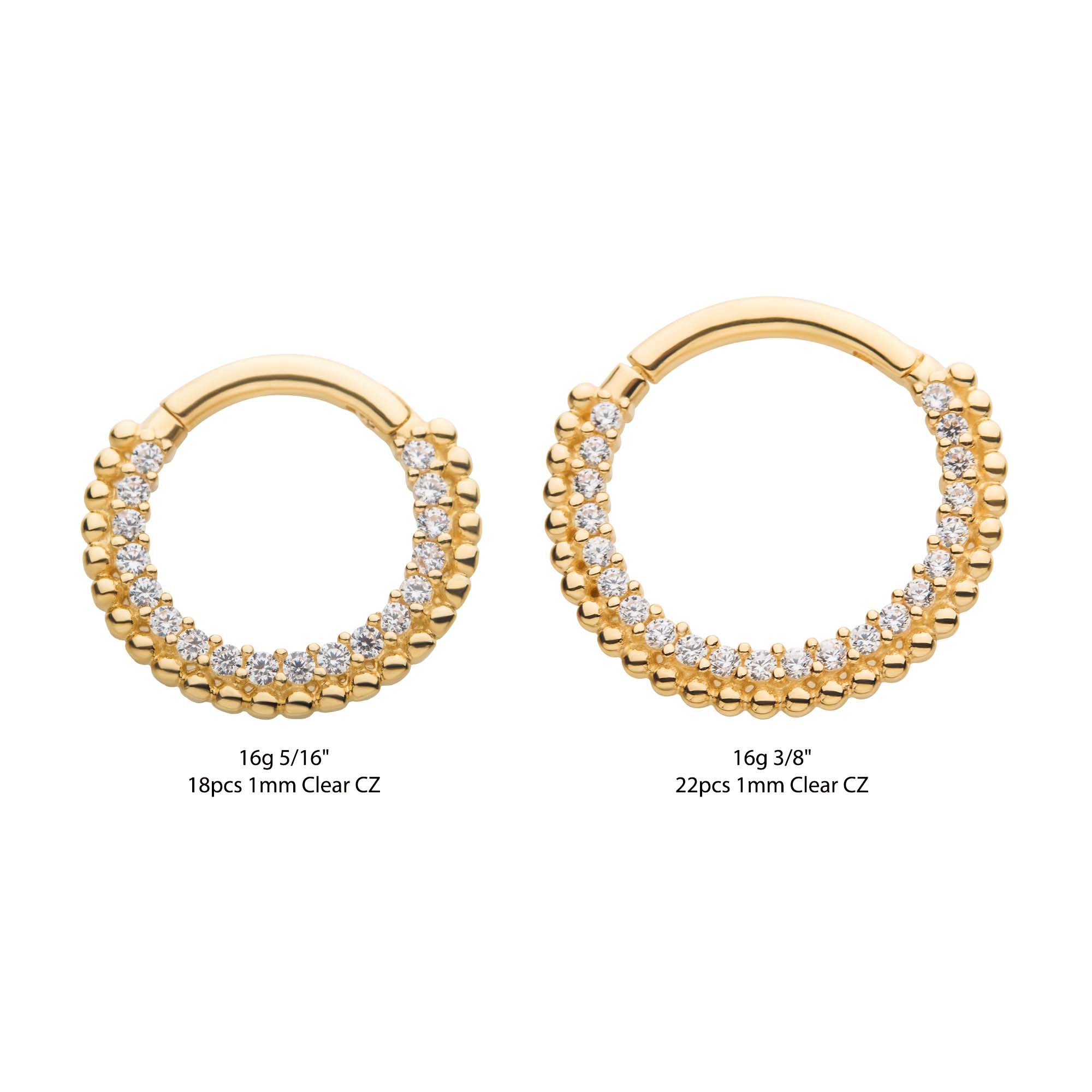 14kt Yellow Gold Prong Clear CZ Beaded Edge Front Facing Hinged Segment Clicker