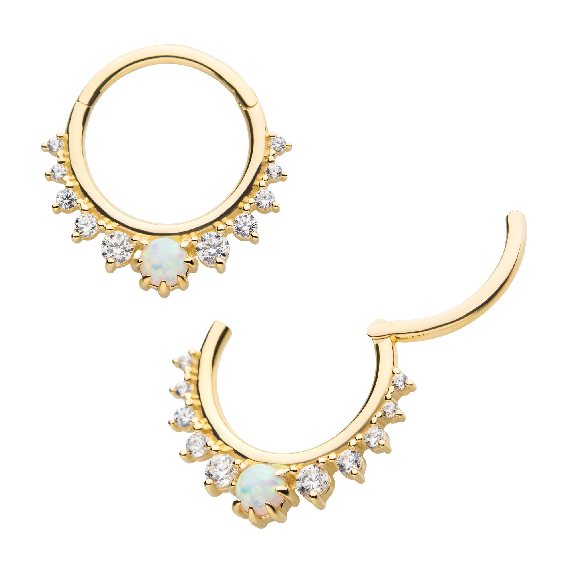 14kt Yellow Gold Prong Clear CZ & White Synthetic Opal Front Facing Hinged Segment Clicker